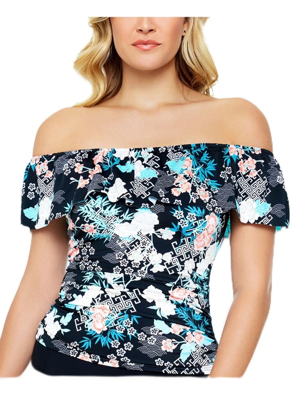 Swim Solutions Women Swim Floral Off-Shoulder Takini Top Black Size 10